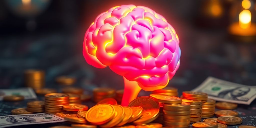 Illuminated brain surrounded by coins and dollar bills.