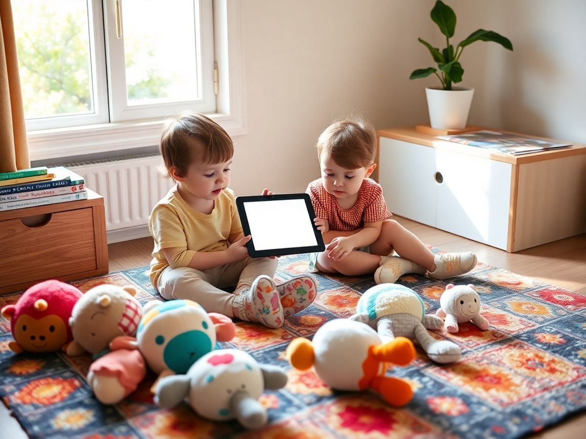 Doi copii mici stau pe covor și citesc la tabletă.