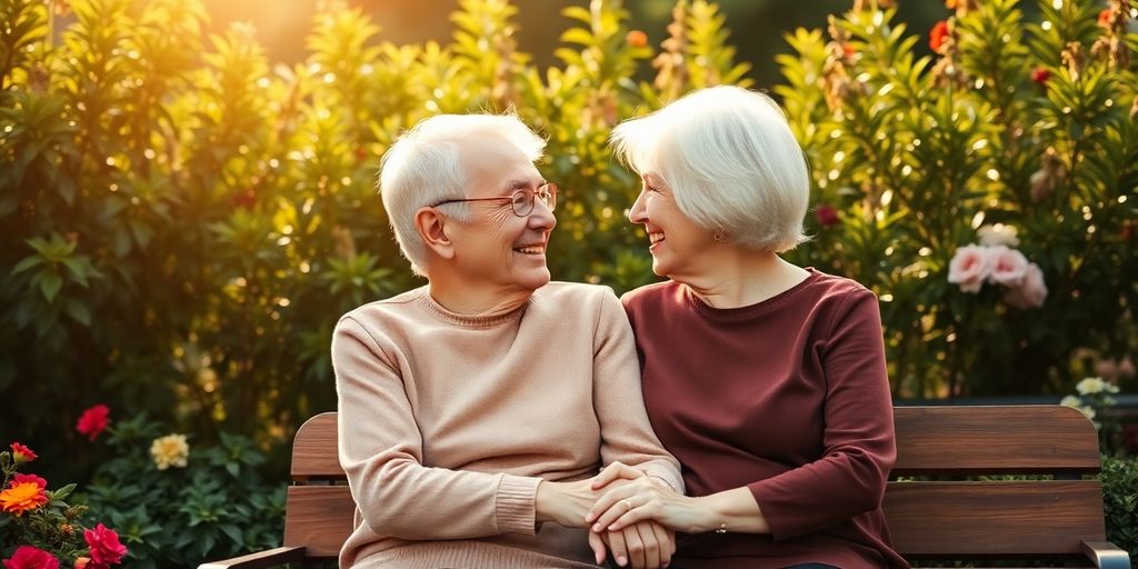 Elderly couple holding hands in a peaceful garden.