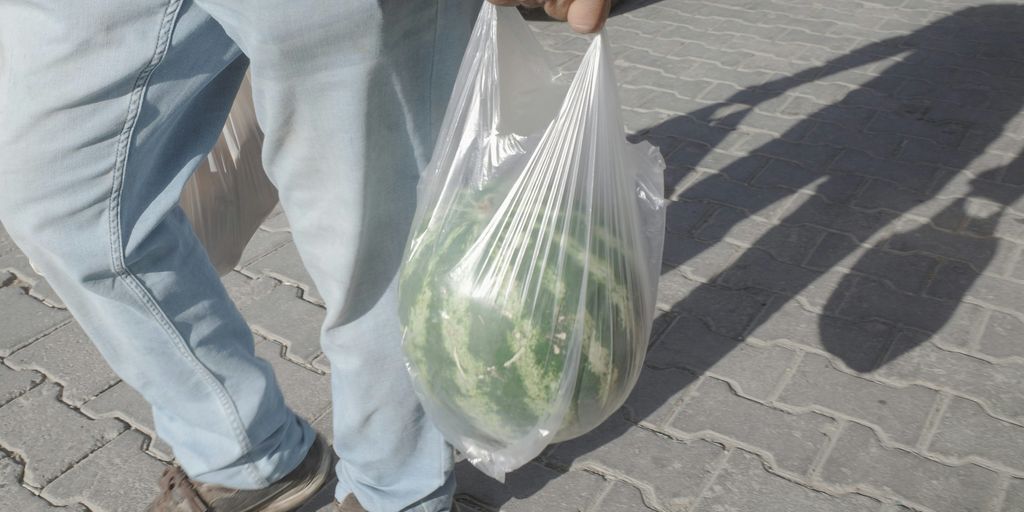 A man holding a bag of vegetables on a sidewalk