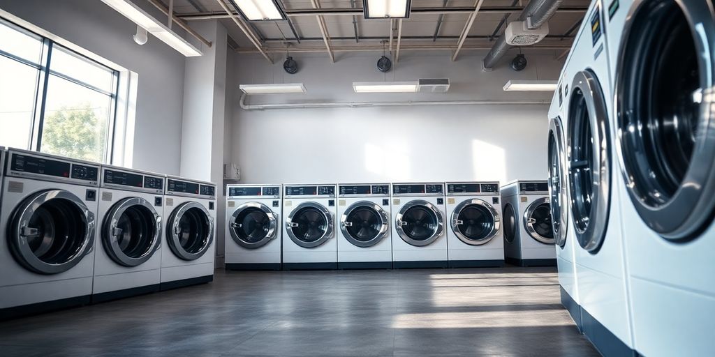 Bright, clean laundromat interior with empty machines.