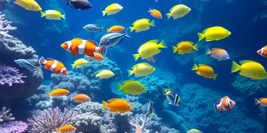 Colorful saltwater fish swimming in a coral reef.
