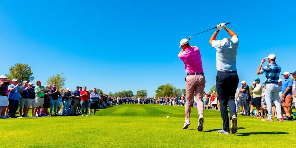 Golfers in action on a vibrant PGA Tour golf course.