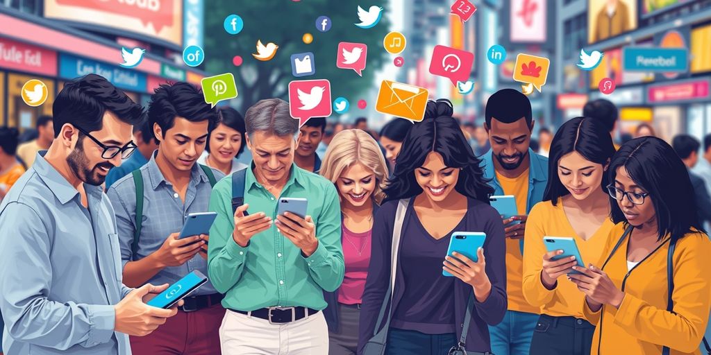 Verschiedene Menschen mit digitalen Geräten und sozialen Medien.