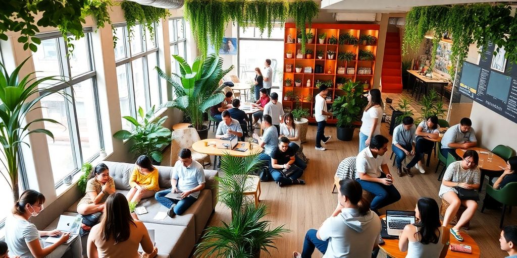 Diverse group of expats socialising in a co-living space.