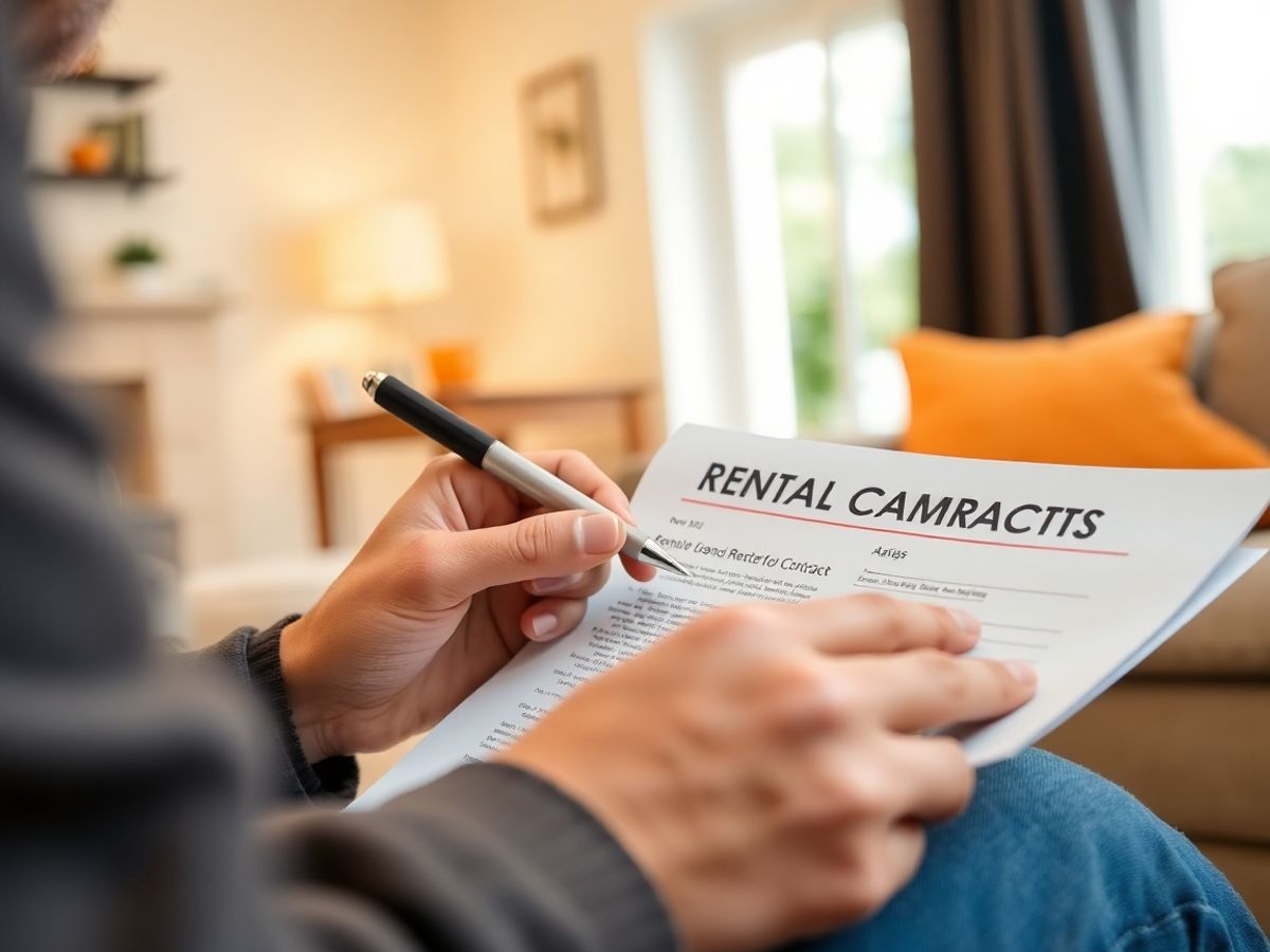Persoană citind un contract de închiriere într-un apartament.