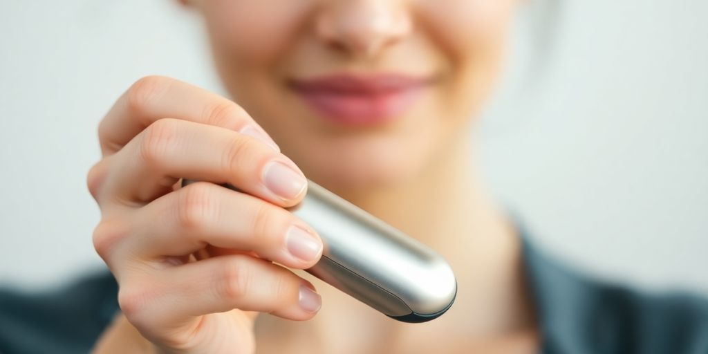 Woman smiling, holding a sleek sugar detector device.