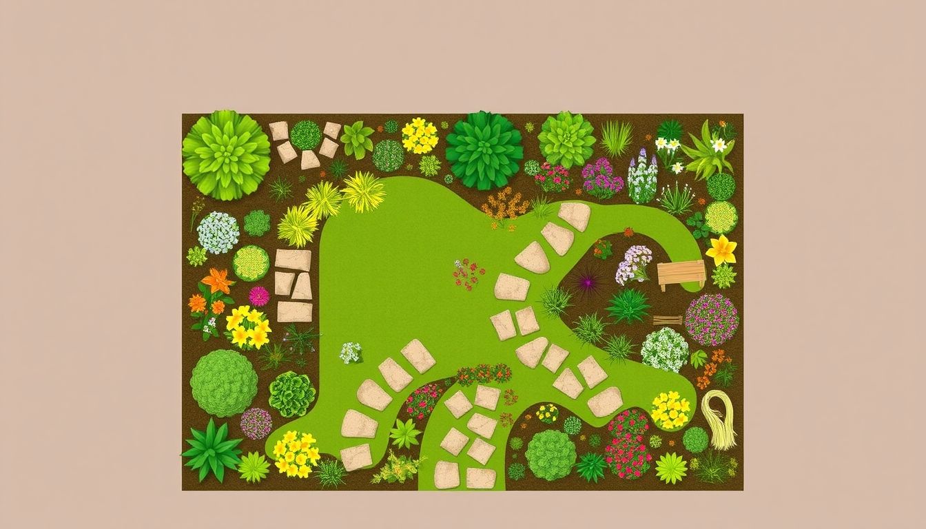 Illustrative garden layout with plants and pathways