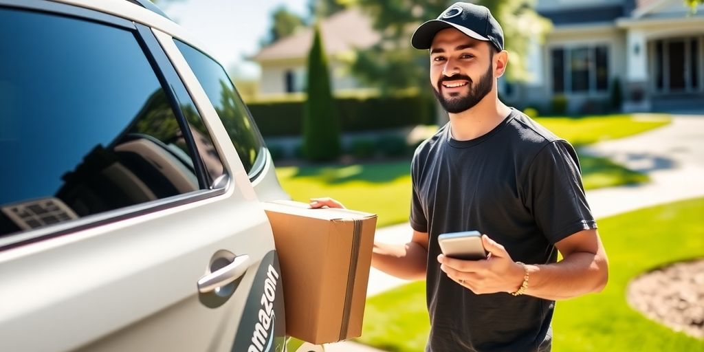 Amazon Flex driver holding package and smartphone next to car.