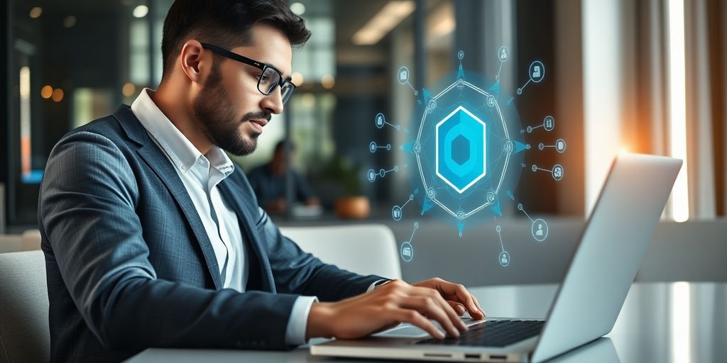 Business owner using AI software on a laptop.