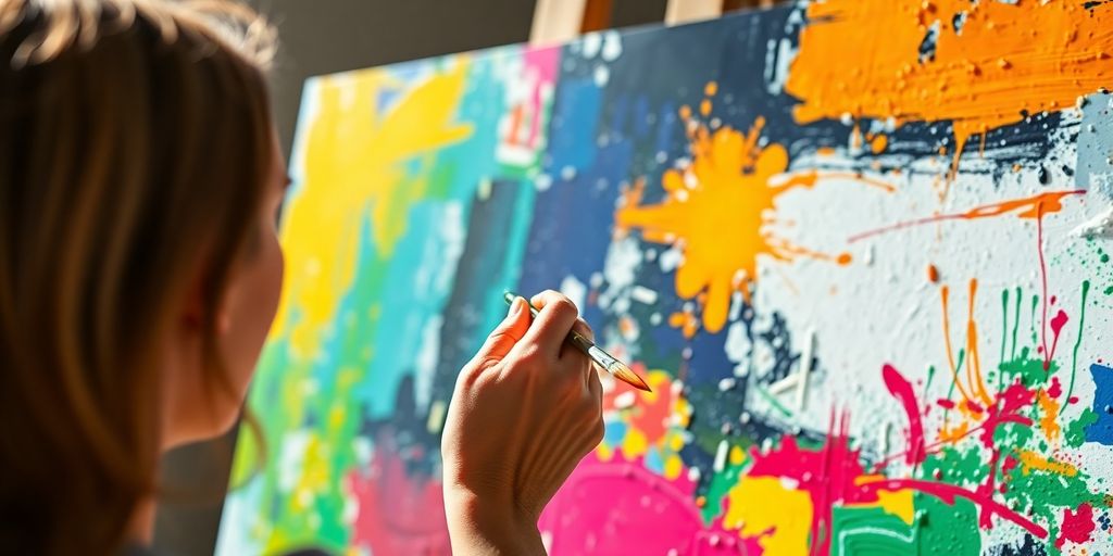 Woman confidently painting vibrant, abstract art on canvas.