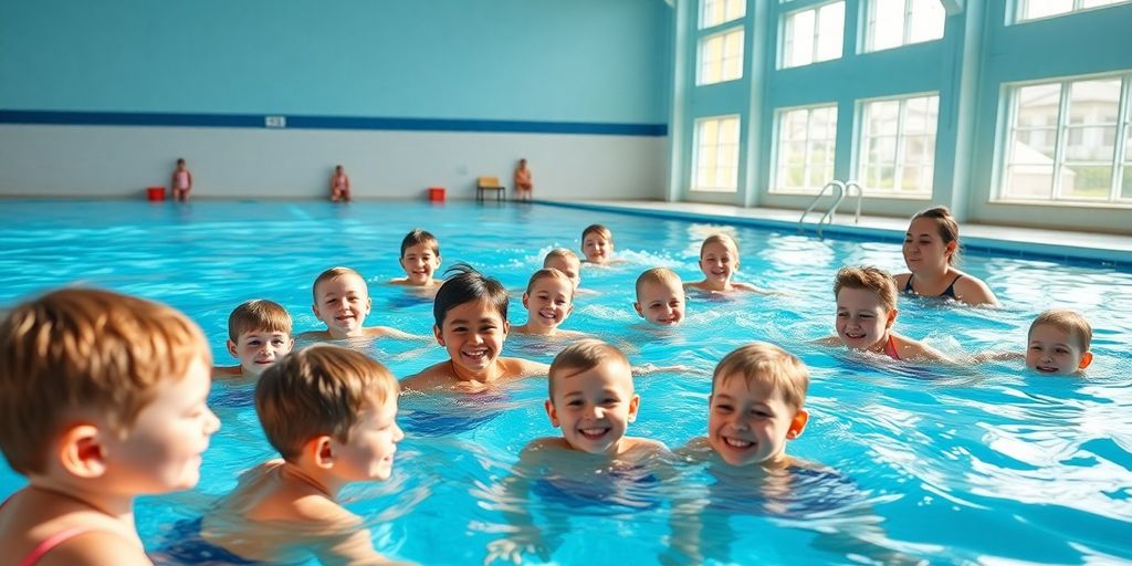 Children happily splashing in a bright blue swimming pool.
