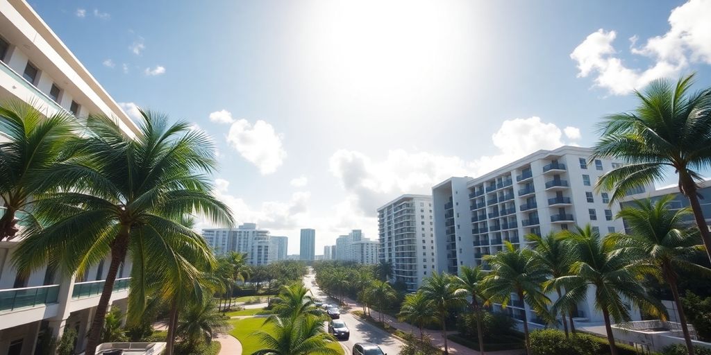 Aventura skyline with palm trees and clear blue sky.