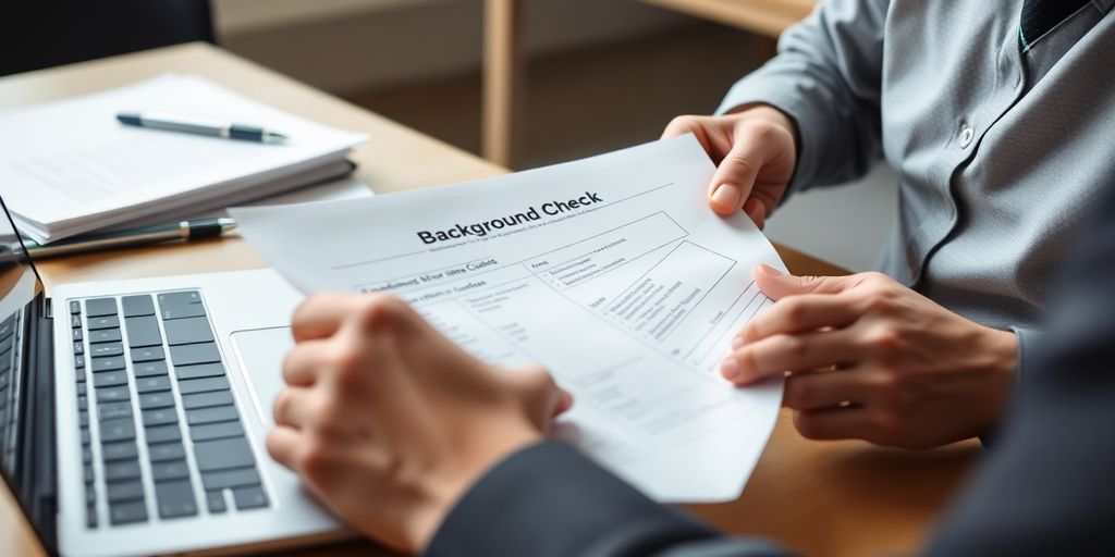 Professional reviewing background check documents on a desk.
