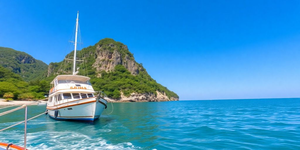 Scenic view of a boat on a calm coast.
