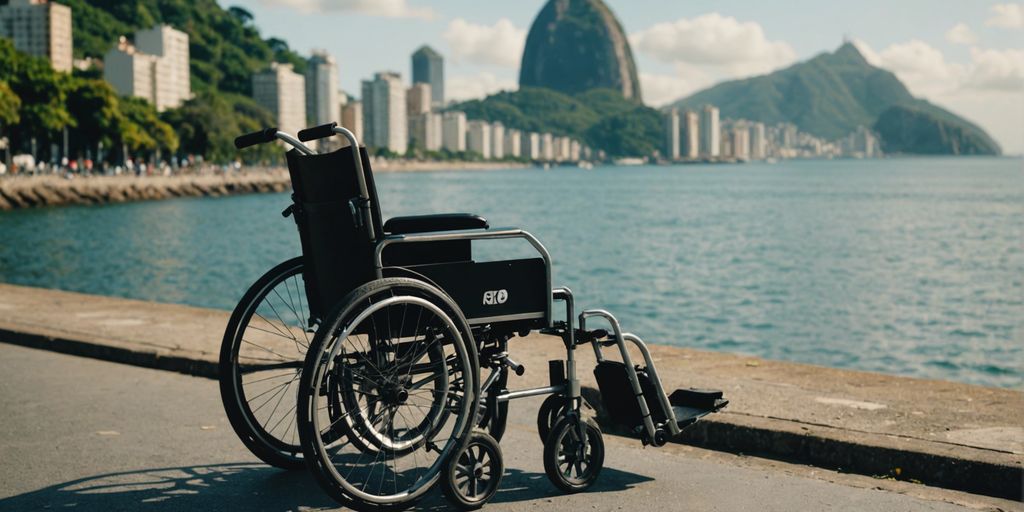 Wheelchair with price tag in Rio de Janeiro backdrop, highlighting rental costs and benefits.