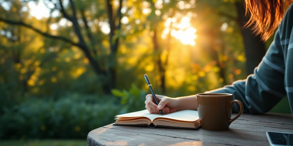 Person journaling in nature, surrounded by greenery and sunlight.