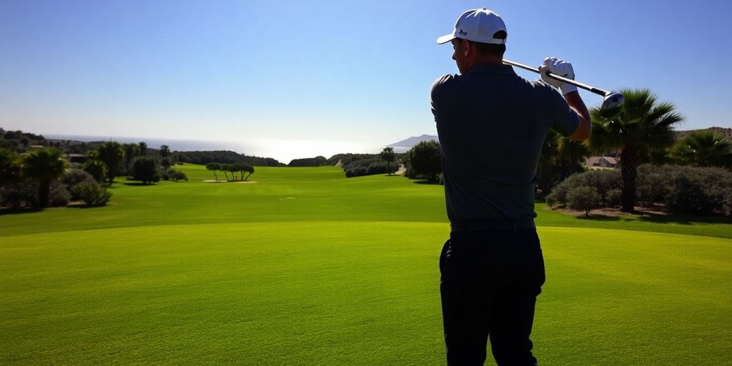 PGA pro swings club on manicured Cabo golf course.
