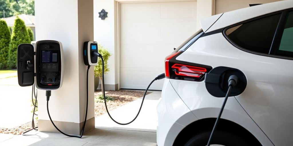 Electric car charging at home station.