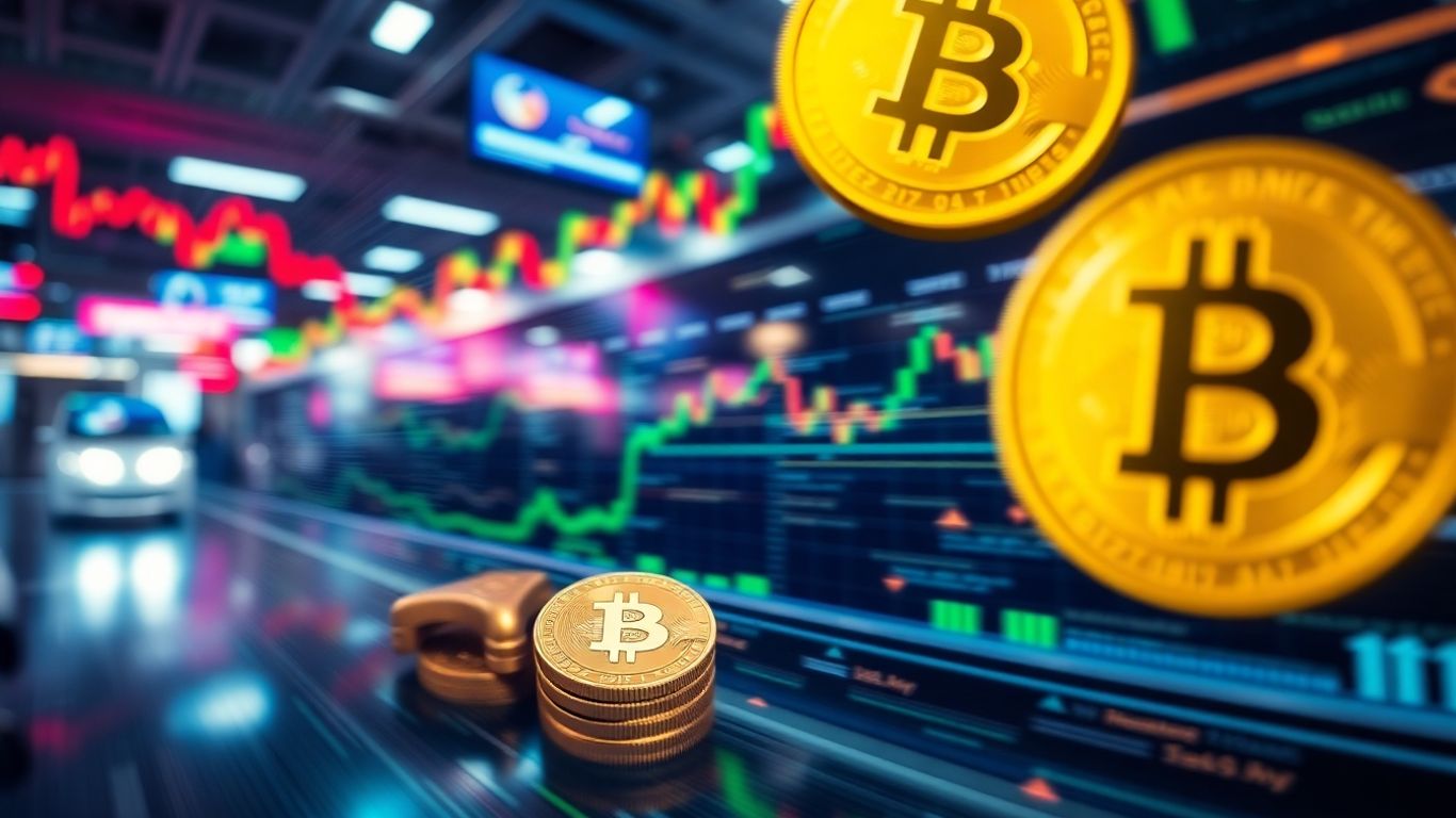 Vibrant digital currency elements in a dynamic trading environment.