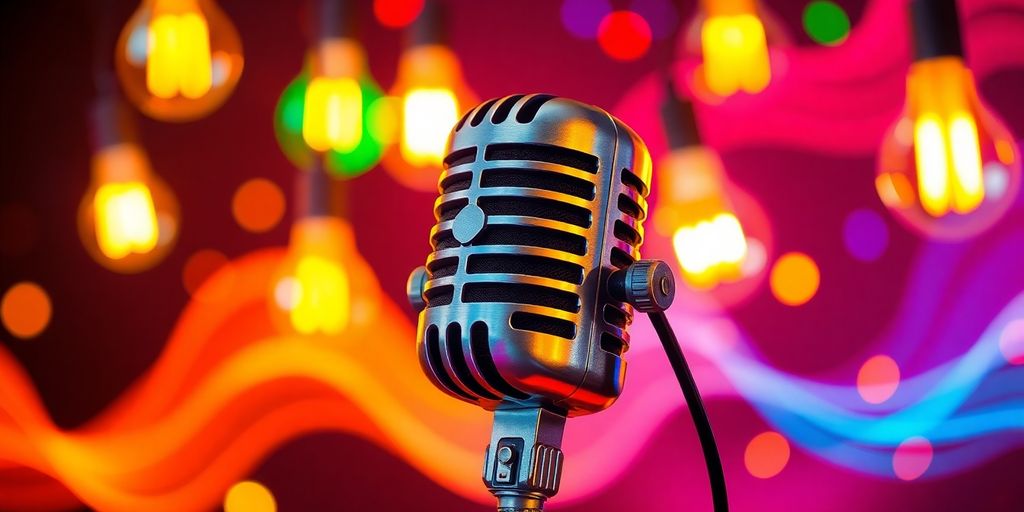 Podcast microphone with creative lightbulbs and sound waves.