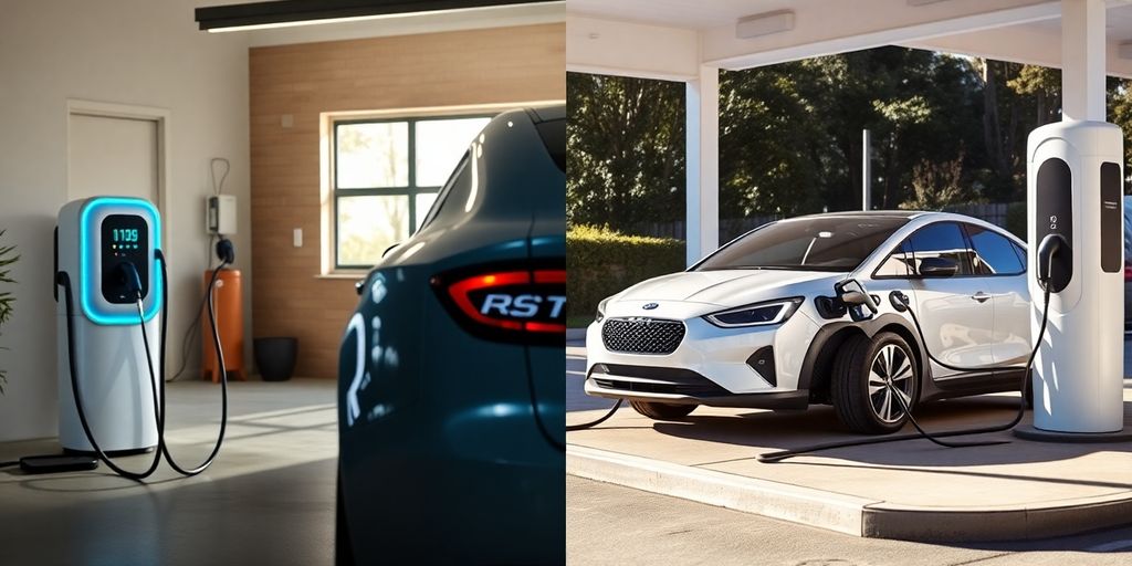 An electric car charges at a home and public station.
