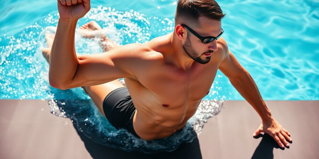 Swimmer performing strength exercises out of water.