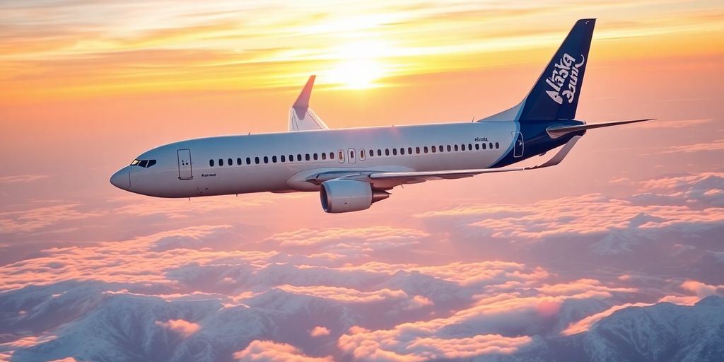Alaska Airlines jet flying above mountains at sunrise with clouds