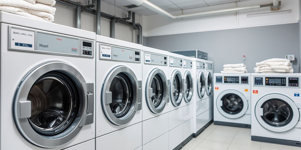 Industrial washing machines in a clean laundry facility.
