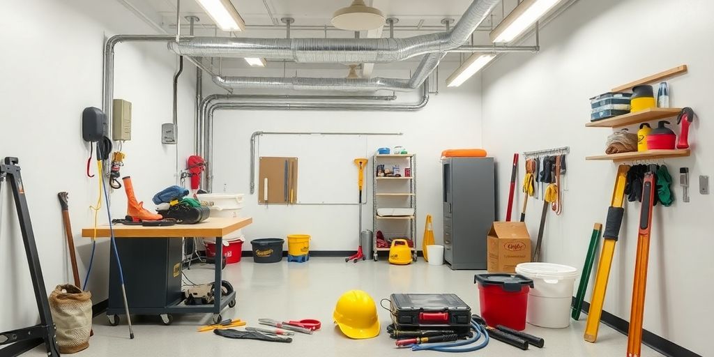 Restoration workspace with tools and equipment for recovery.