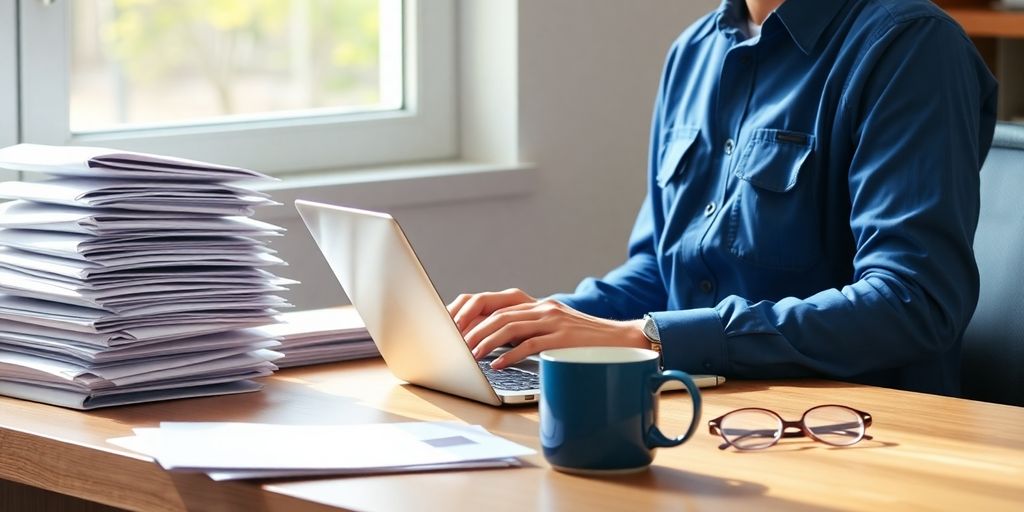 Mail carrier typing on laptop at desk with stacked mailbags
