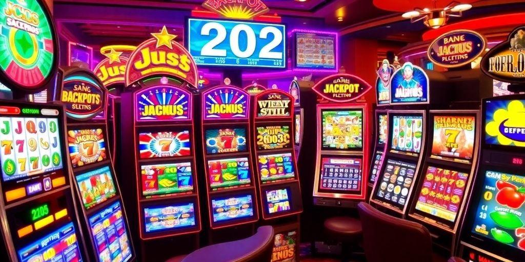 Colorful jackpot slot machines in a lively casino.