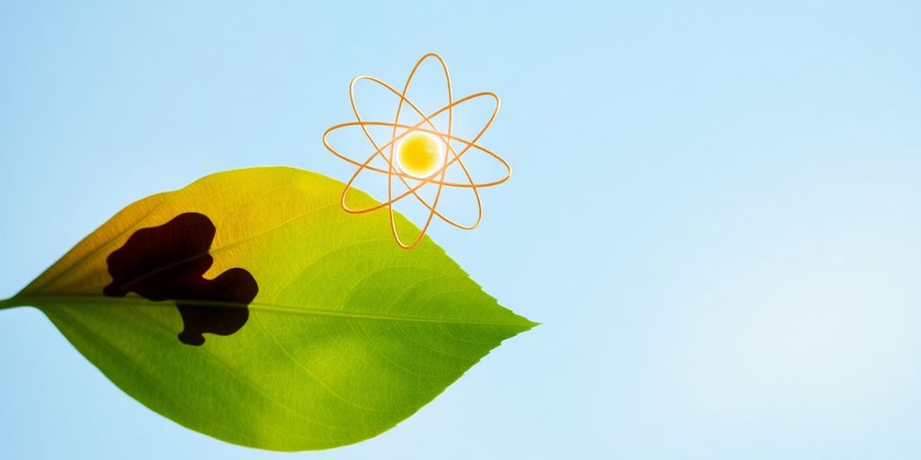 Atome d'uranium sur feuille verte.