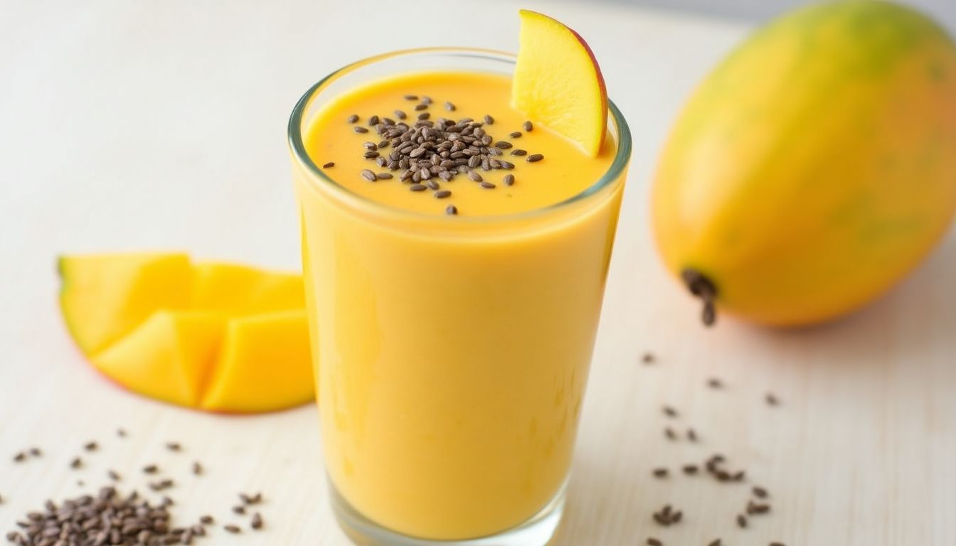 Mango Chia Seed Smoothie with fresh mango slices and chia seeds.
