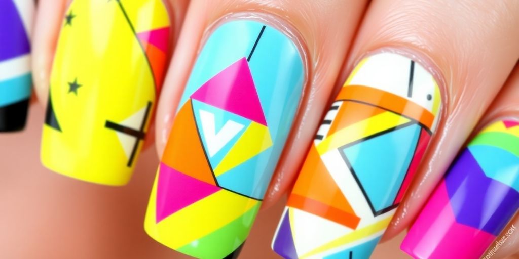 Unhas decoradas com padrões geométricos coloridos.