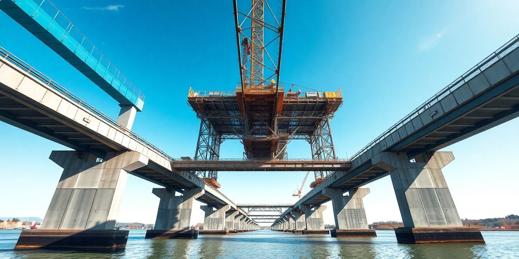 Illustrative bridge under construction, blue sky.