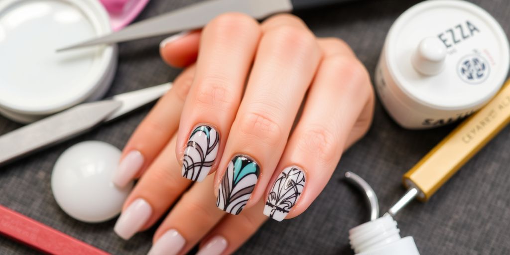 Unhas de gel com padrões e ferramentas de cuidado