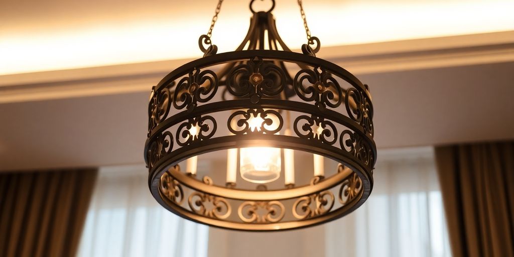 Black and gold pendant light hanging above a modern table.