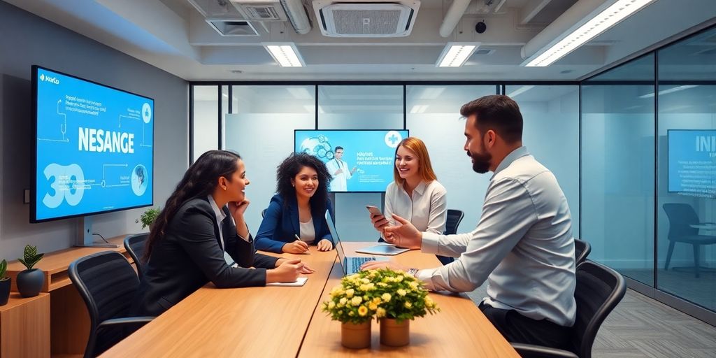 Profissionais em ambiente moderno de escritório colaborativo.