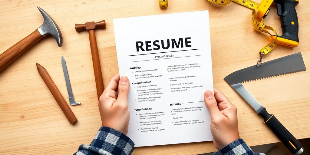 Carpenter reviewing resume, wood tools nearby.