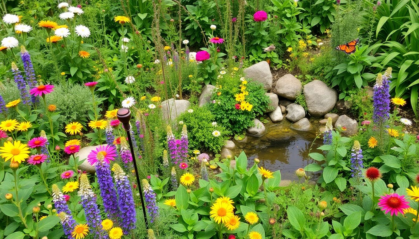A colourful wildlife-friendly garden with plants and animals.