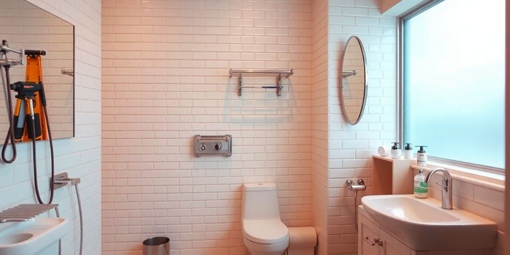 Modern bathroom with repair tools and fresh materials.