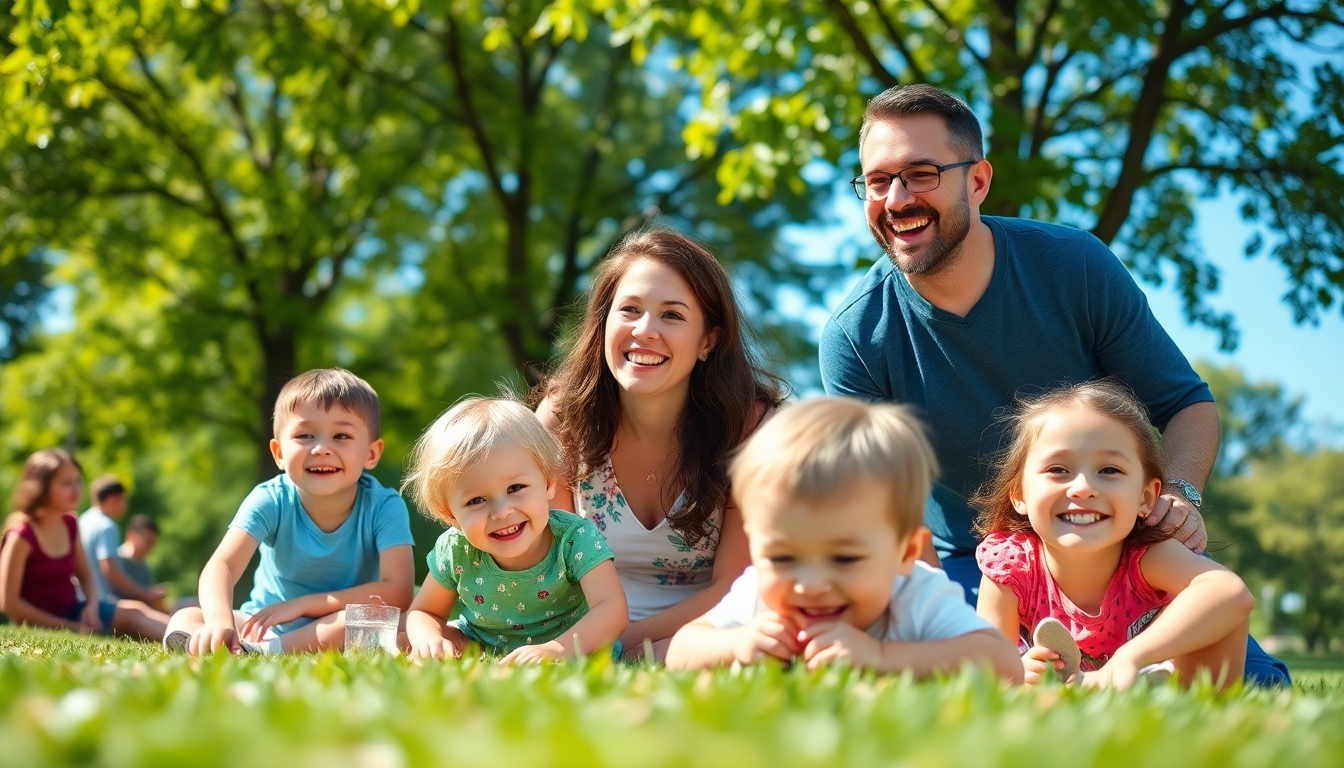 Happy family in the park enjoying together.