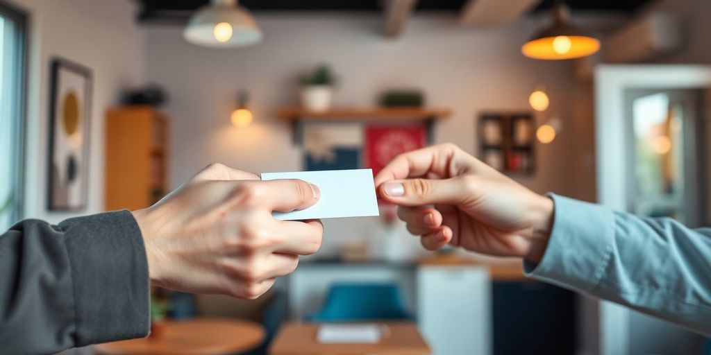 Person networking, small business office background, warm light.
