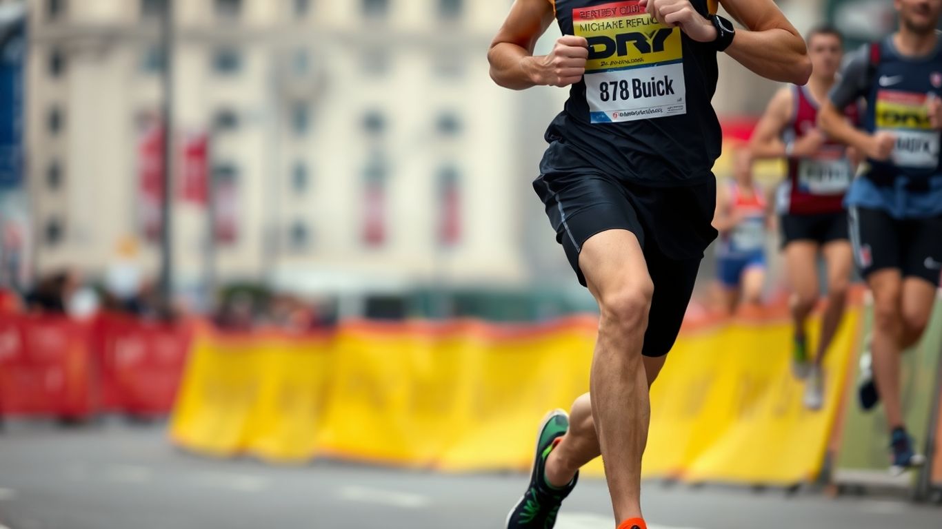 Runner sprinting on a city street during a marathon.