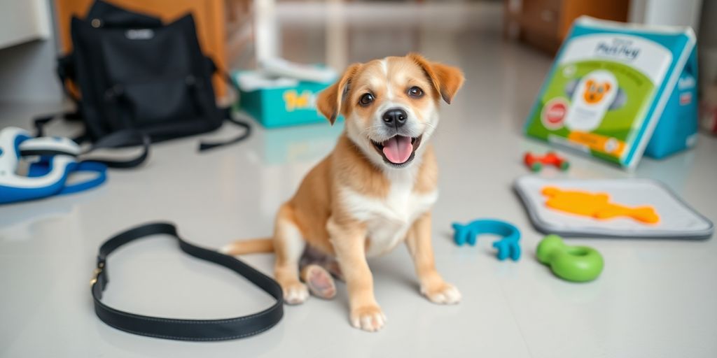 Playful puppy on clean floor with training supplies.