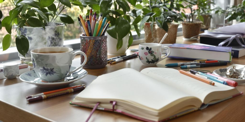 Open journal with pens and tea in a bright setting.