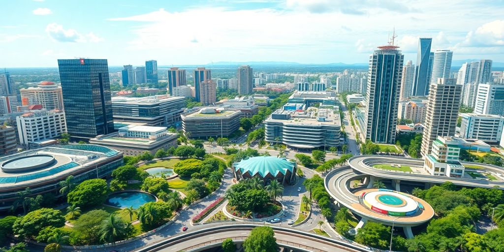 Modern Indonesian cityscape with green spaces and advanced architecture.