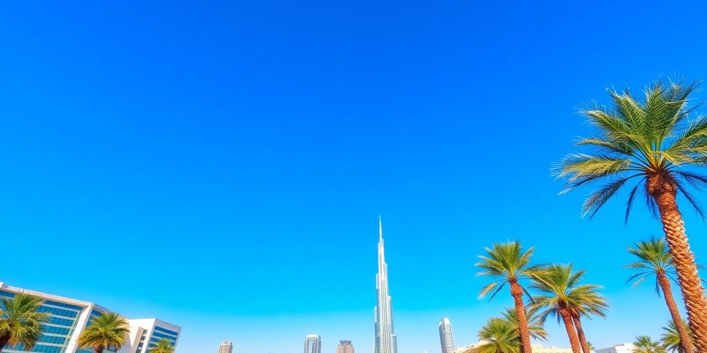 Dubai skyline with palm trees and clear blue sky.