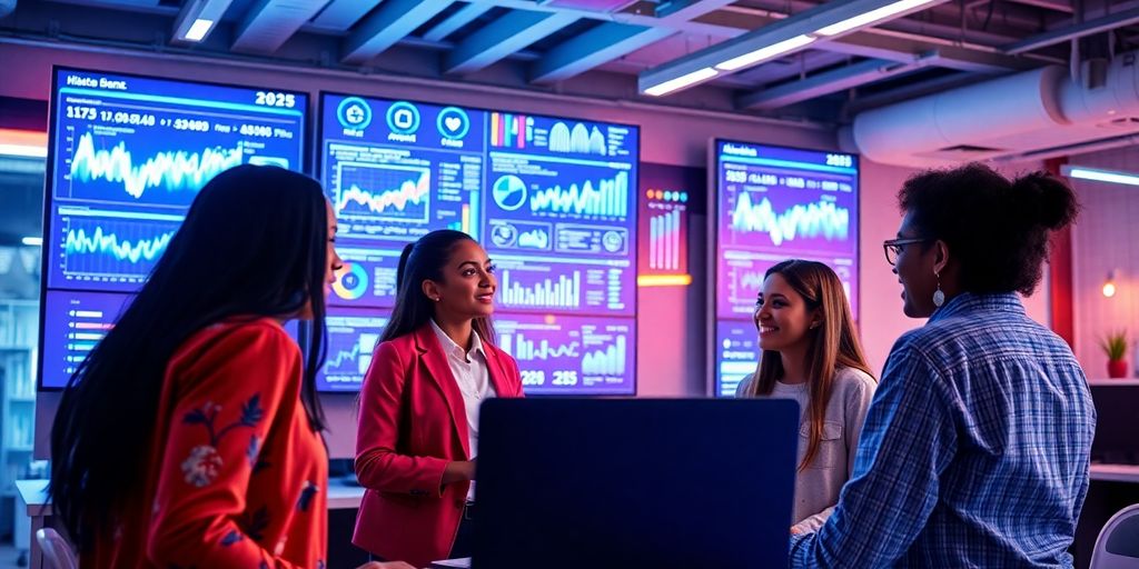 Diverse team collaborating with advanced data analytics tools.